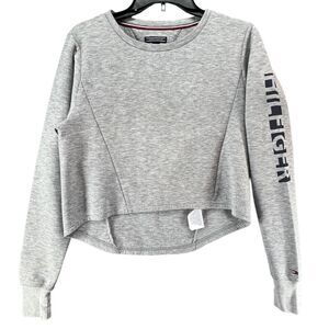 Tommy Hilfiger Sweatshirt Womens S Gray Long Sleeve Cropped Spellout Crew Y2K